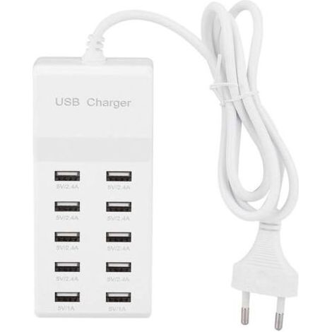 Chargeur USB 10 Ports, Rapide Intelligente, pour Téléphone Portable, Tablettes, Casques, avec Technologie D'identification Intelligente, Blanc, pour la Vie (Prise UE (1/5)