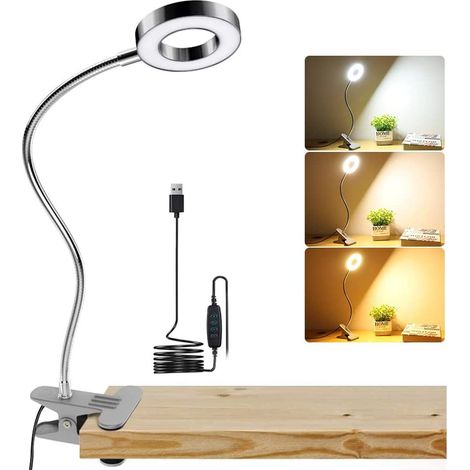 Lampe de bureau LED, lampe de lecture à pince, lampe de bureau USB, lampe de bureau LED, gradable à l'infini, lampe de protection des yeux à tube, argent (1/4)