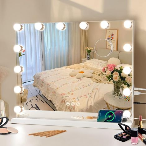 Miroir de maquillage avec éclairage, 50 x 42 cm, 14 LED, intensité variable, 3 températures de couleur, lumière, avec contrôle tactile, grossissement USB 12x, pour chambre à coucher (1/5)