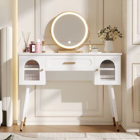 Tocador LED con espejo, moderno mueble de tocador con 1 cajón y 2 puertas, tocador que ofrece amplio espacio de almacenamiento, tocador blanco de estilo escandinavo, 100 × 42 × 112 cm (1/5)