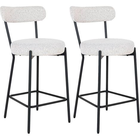 LOANA - Lot de 2 Chaises Hautes Tissu Bouclé Blanc Chiné Dossier et Pieds Métal Noir (1/5)