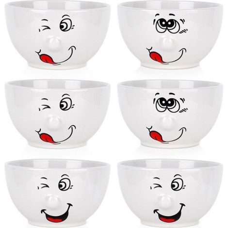 Bol Céramique - 550 ml - 13,5 x 7,5 cm - Blanc - Motif Souriant - Lot De 6 (1/5)