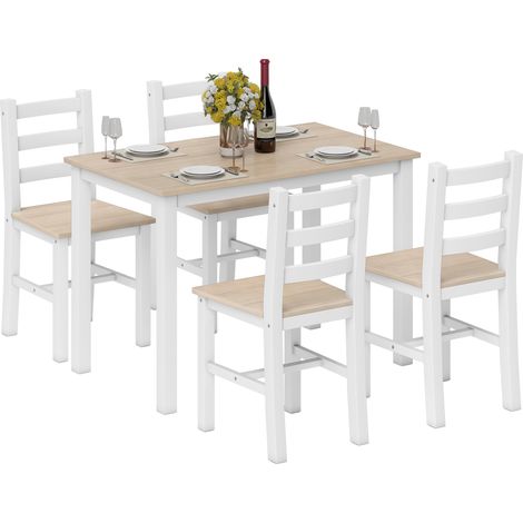 Ensemble de salle à manger 5 pièces pour 4 personnes, table et chaises de style champêtre en bois massif, naturel/blanc (1/5)