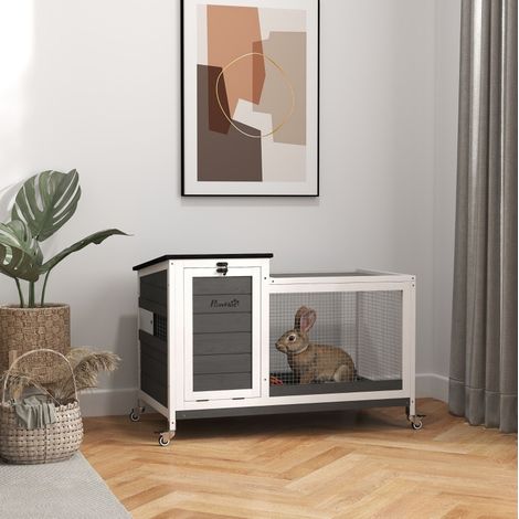 Conigliera in legno con recinto, ruote e tetto apribile, 92 x 52 x 67 cm, grigio scuro HAVRYA (1/4)