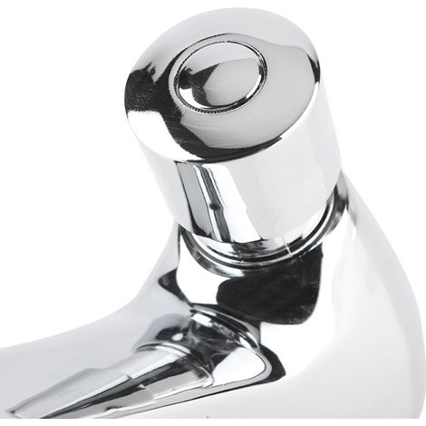 Grifo cromado para lavabo con apagado automático y temporizado para cocinas y baños públicos, con función de ahorro de agua.