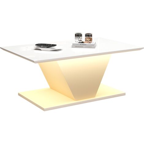 Table basse LED design V, plateau brillant blanc, meuble de salon pour petits espaces 100 x 50 x 46 cm, en panneau de particules, style moderne – CHICFURN (1/5)