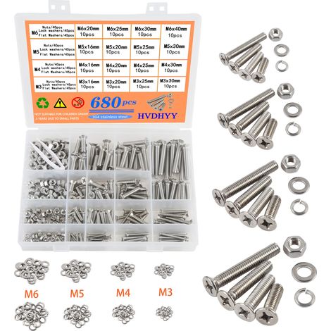 680pcs Boulons M3 M4 M5 M6 Vis a Tête Cylindrique a Six Pans Creux Vis Mécaniques a Tête Hexagonale en Acier Inoxydable Rondelles Écrous Assortiment Kit Tête Fraisée avec Boîte Rangement (1/5)