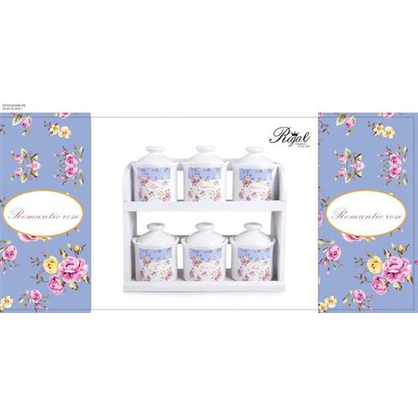 Set 6 Barattoli da Cucina Spezie in Ceramica Romantic Rose + Mensola (1/3)