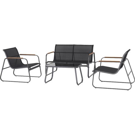 Made In Meubles – Salon de jardin gris Zohra – Ensemble 2 places avec accoudoirs bois – Structure aluminium et assises textilène – Table basse avec plateau verre (1/5)