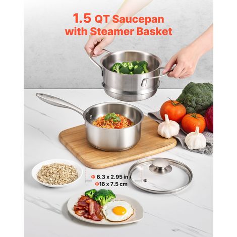 Casserole en Acier Inoxydable 1,4 L avec Panier Vapeur, Poêlon avec Couvercle en Verre et Poignée Ergonomique, Antiadhésif, Lavable au Lave-vaisselle, Compatible avec Four et Plaque à Induction (1/5)