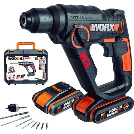 Worx – Perceuse à percussion 20V SDS 1,2J – 3 modes (perçage, percussion, burinage) – 2 batteries 2Ah – Pour béton et maçonnerie (1/4)
