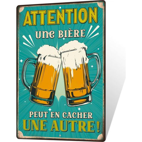 Plaque Métallique Attention Une Bière, Panneau Déco Vintage en Aluminium, Idéal pour Bar et Cuisine, 30x20 cm (1/5)