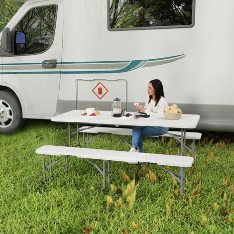 Ensemble de pique-nique 3 pièces, 1 table, 2 bancs, table de camping pliable avec poignées de transport, plastique, métal, blanc