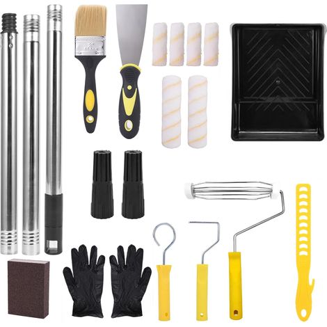18 Pièces Kit Rouleau Peinture Rouleaux Fibre, Bac Peinture, Tiges Acier Inoxydable, Poignées Ergonomiques Pour Murs, Plafonds, Portes Inclut Pinceau, Spatule, Gants