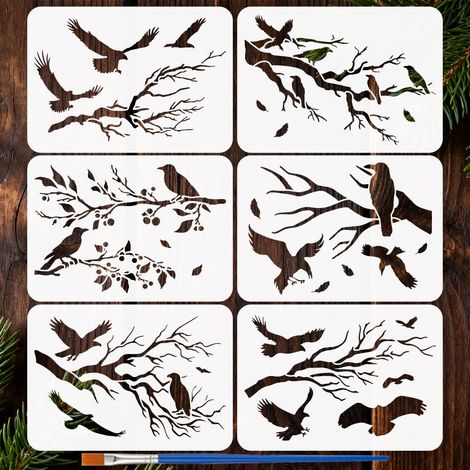 6 Styles Pochoirs Motifs Aigle et Corbeau avec un Pinceau 29.7x21cm Pochoirs Oiseaux Pochoir Feuilles Mortes Pochoir Branches Modèle PET Thèmes Animaux pour Bois Carrelage Mur (1/5)