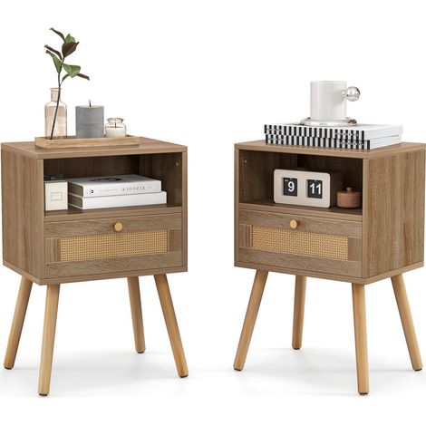 Chambre, salon ou bureau : lot de 2 tables d'appoint style bohème avec tiroir coulissant et étagère (1/5)