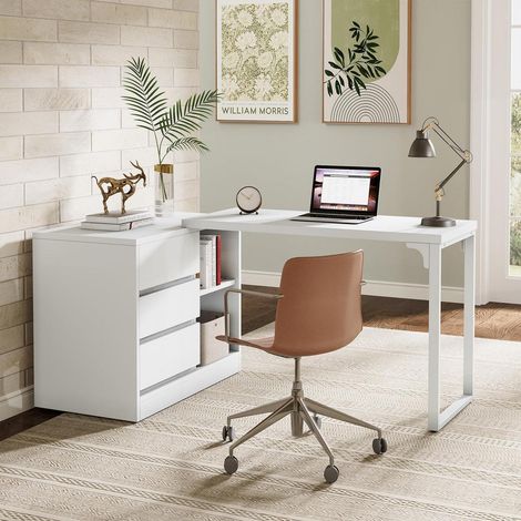 Bureau en L avec tiroirs et étagères, réversible, blanc (1/5)
