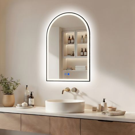 ARTFORMA Espejo de bano LED en arco 60x90 cm negro mate tactil antivaho (1/5)
