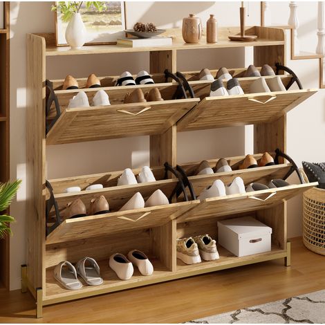 Scarpiera 108,5x24x100 cm color legno in MDF con struttura in metallo e 4 ante (1/5)