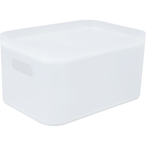 Grand panier de rangement en plastique translucide, empilable avec couvercle, grande capacité pour bureau, salle de bain et maison. (1/5)