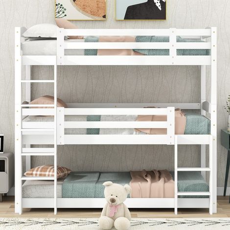 Lit Superposé Triple-Enfant-Bois Pin-Blanc-Sans Matelas-Transformable 3 en 1-Échelle Intégrée-204x103.7x193.5(cm)-Sans Matelas (1/5)
