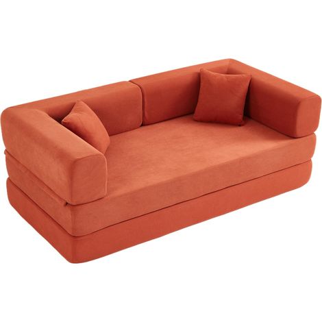 Canapé-lit convertible avec coussin cylindrique, canapé pliable en velours côtelé avec cadre fixe, canapé lounge pour salon, chambre et studio – Orange (1/5)