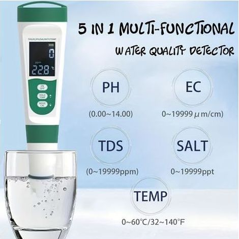 Testeur de sel, pH-mètre, testeur d'eau numérique 5 en 1 pour la salinité, la température, la conductivité et le TDS pour piscine, spa et aquarium. (1/3)