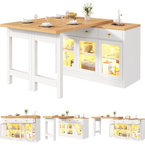 Kücheninsel, ausziehbarer Küchenbuffet 120-200 × 40 × 75,5 cm, mit LED-Beleuchtung, 3 Schubladen und Glastüren, Esstisch, Weiß