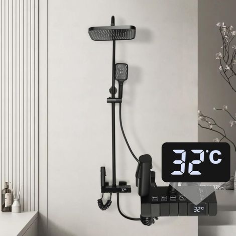 Digital LED Duscharmatur Duschsystem Schwarz Regendusche Duschset Mischbatterie brause Mit Regendusche Top Spray, Hochdruck SprüHpistole, Wasserhahn,Handspray,33.46-47.24inch Einstellbar (1/5)