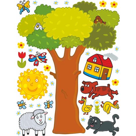 Sticker Arbre géant, chien, mouton et maison toit rouge - 1 planche 65 x 85 cm (1/5)