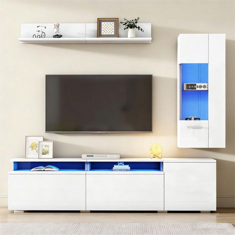 Ensemble de meubles TV muraux 3 pièces avec LED vitrine et étagère murale meuble TV de salon Pour les tv jusqu'à 80 pouces Blanc (1/5)