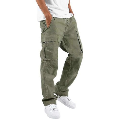 Pantalon cargo long ample et décontracté en coton et lin, confortable et multipoches, idéal pour le travail.-S-Green