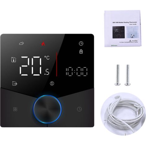 Thermostat sans fil pour appareils de chauffage électrique domestiques, compatible avec une application et un assistant vocal, équipé d'un écran tactile numérique LED couleur.-Crezuo
