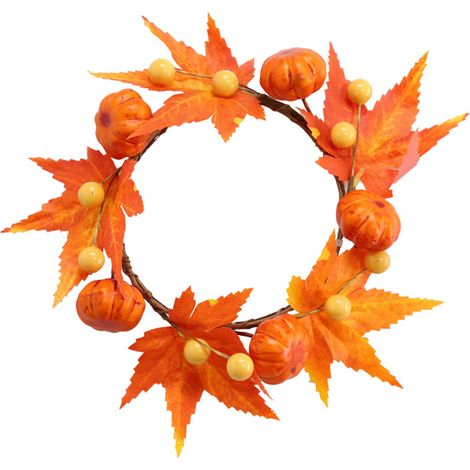 Couronne d'automne artificielle, porte-bougie citrouille et feuilles d'érable, pour table, meuble ou cheminée, diamètre intérieur 8 cm, diamètre extérieur 18 cm. (1/2)