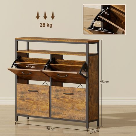 Meuble à chaussures à 4 tiroirs pliables, design fin avec étagère ouverte, capacité 12 à 20 paires, structure métallique marron (1/4)