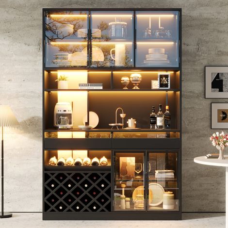 Aparador con vitrina LED de 120 x 38 x 200 cm - Mueble bar con botellero de vidrio templado gris, 2 cajones y nicho - Negro (1/5)