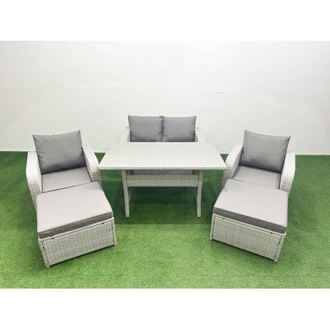 Fimous Light Grey PE Wicker Rattan Garden Furniture Set Sofa Set Reclining Chair Rectangular Dining Table 6 Seater 2 Big Stools (1/4)