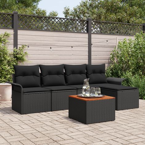 6-teilige Garten-Sofa-Garnitur mit Kissen Schwarz Poly Rattan Akazie vidaXL964096 (1/5)