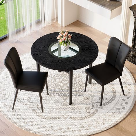 Rundes Tisch- und Stuhlset, Tischdurchmesser 100 cm, inklusive 2 schwarzer PU-Esszimmerstühle mit schwarzer Holzmaserung