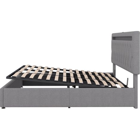 Cama con canapé 180 x 200 cm gris de lino y MDF con LED, USB y elevación hidráulica (1/5)
