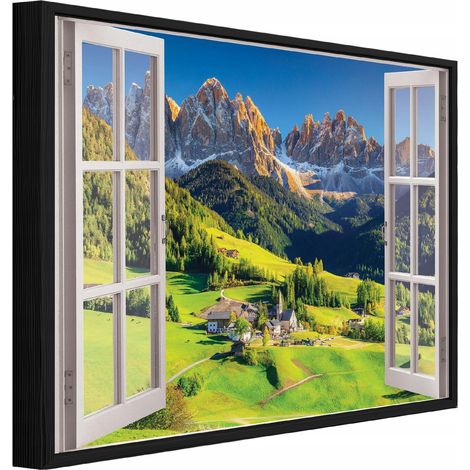 Gerahmtes Leinwandbild mit schwarzem Rahmen, 3D-Fenster zu Bergen und Natur für Wohnzimmer und Schlafzimmer, hochauflösender Druck, 100 x 70 cm