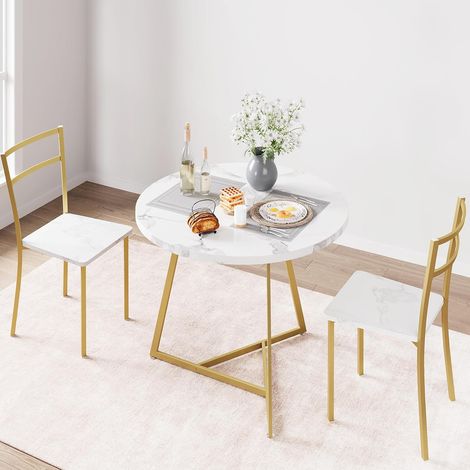Ensemble Table à Manger 3 pièces pour 2 Personnes, Table Ronde Ø80 cm avec 2 Chaises Rembourrées, Structure en Fer, Blanc (1/5)