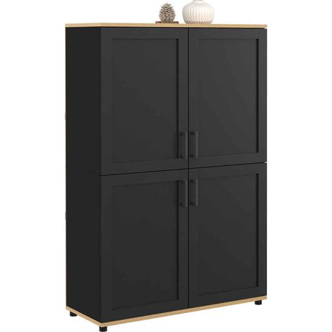 Idmarket – Buffet haut 125 cm 4 portes noir et bois – Design campagne chic – 80 cm longueur – 34 cm largeur – 2 placards avec étagères ajustables