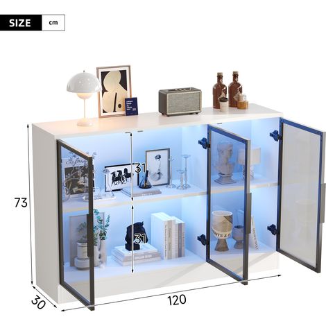 Vitrine en verre 120x30x73 cm, façade en verre gris et LED intégrée, buffet ou présentoir, coloris blanc (1/5)