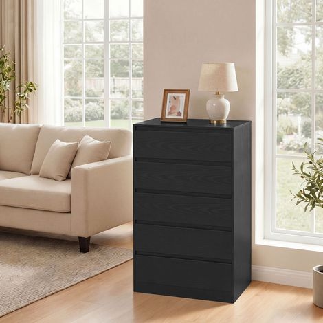 Commode à 5 Tiroirs, Meuble de Rangement Moderne sans Poignée, 60,2 x 40,4 x 97,4 cm, Noir (1/5)