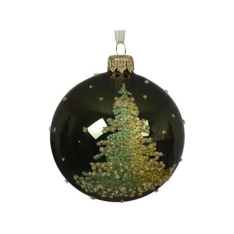 Esfera navideña de vidrio verde pino con efecto sfumato y árbol Ø8 cm
