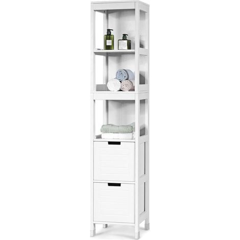 COSTWAY Armario Alto de Suelo para Baño con 2 Cajones y 3 Estantes Mueble Columna de Madera para Cocina Ducha Blanco (1/5)
