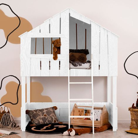 Letto cabana Tyler 90x190 a mezza altezza con rete a doghe Bianco