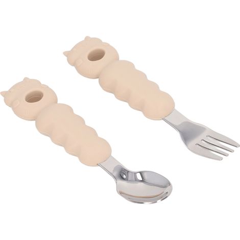 Multifunktionales Gabel- und Löffelset im Cartoon-Design für Kleinkinder, spülmaschinenfest, mit komfortablem Griff, Edelstahl 316, beige. (1/5)