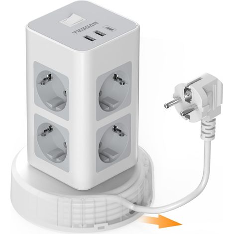 Tour Multiprise avec Rallonge Electrique 2M, 2500W Multiprise avec Interrupteur, 8 Sorties AC et 3 Ports USB (2 A + 1 C), Prise Multiple pour Bureau et Maison, Gris (1/5)